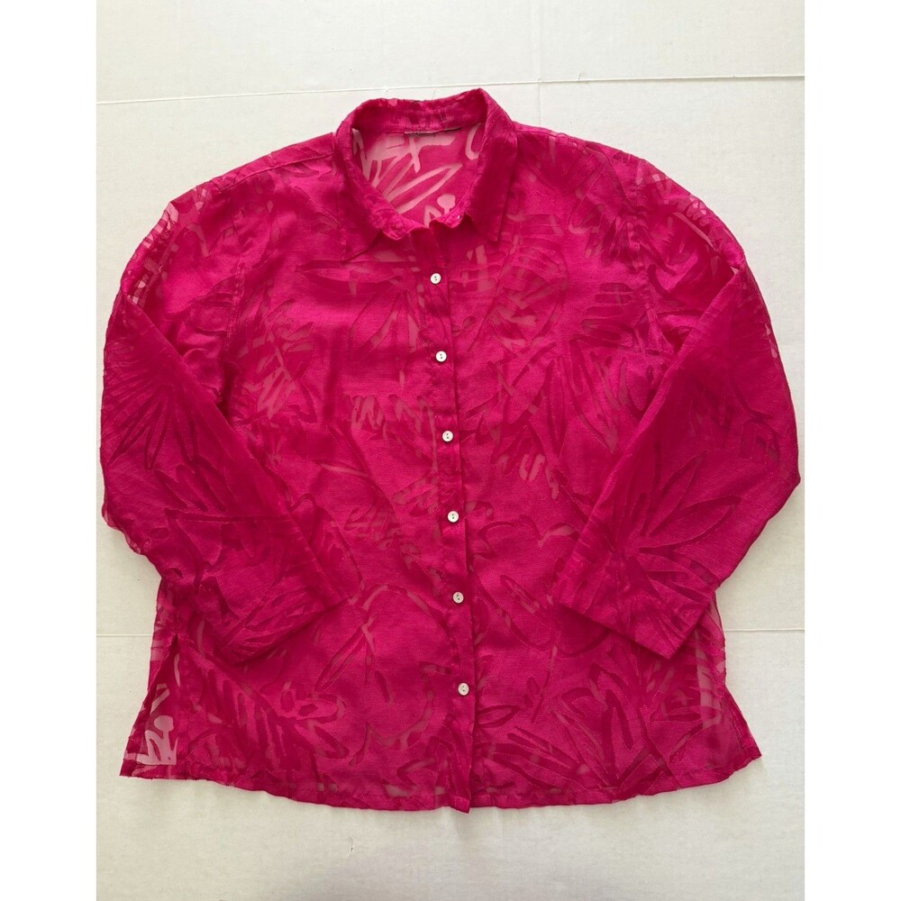 Chico’s Palm Leaf Burnout Pink Button Up Shirt XL Sheer Linen Blend Resort